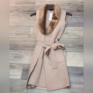 Love Token Beige Faux Fur Open Sleeveless Sweater With Belt Size Small